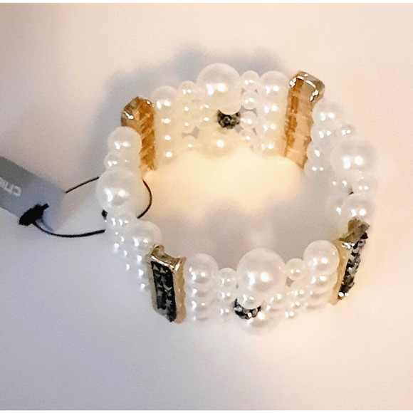 Chico's NWT Faux Pearl Crystal Druzy Accents Multi-Strand Stretch Bracelet NEW - Picture 4 of 4